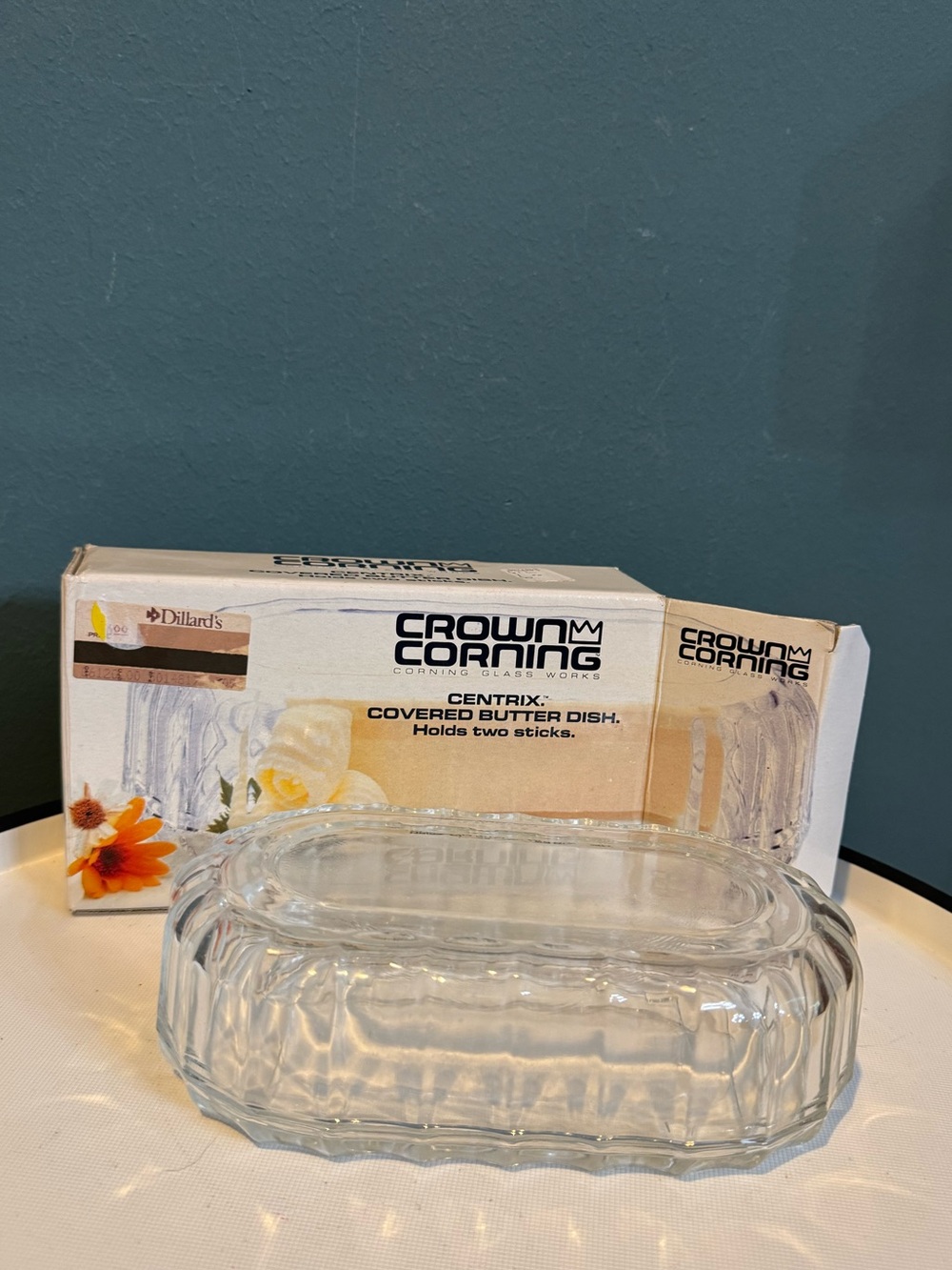 VTG Crown Corning Glass Works Centrix Covered Clear 2 Stick Butter Dish, Italy